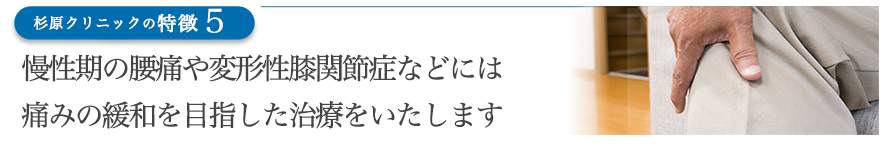 慢性期の腰痛や変形性膝関節症などには痛みの緩和を目指した治療をいたします