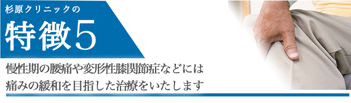 慢性期の腰痛や変形性膝関節症などには痛みの緩和を目指した治療をいたします